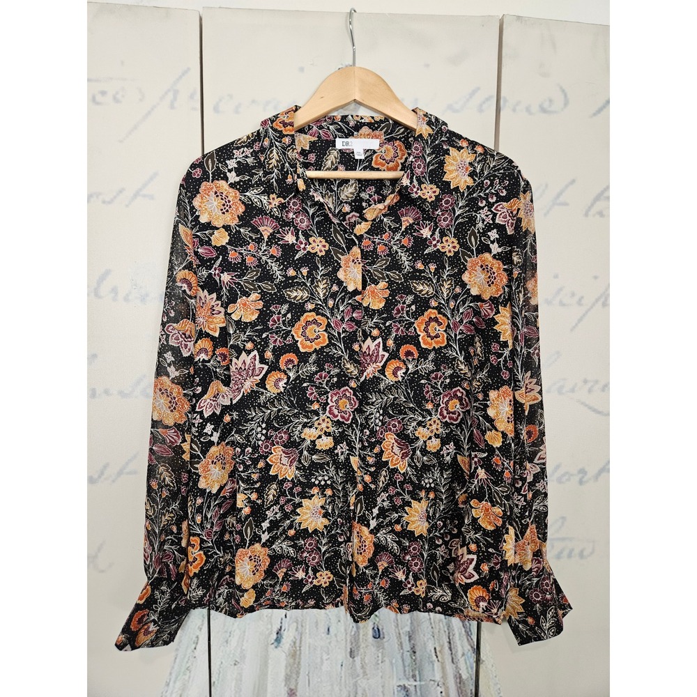 DR2 Blouse XXL Black Floral Boho Split Tie Cuff Button Front Chiffon Top
